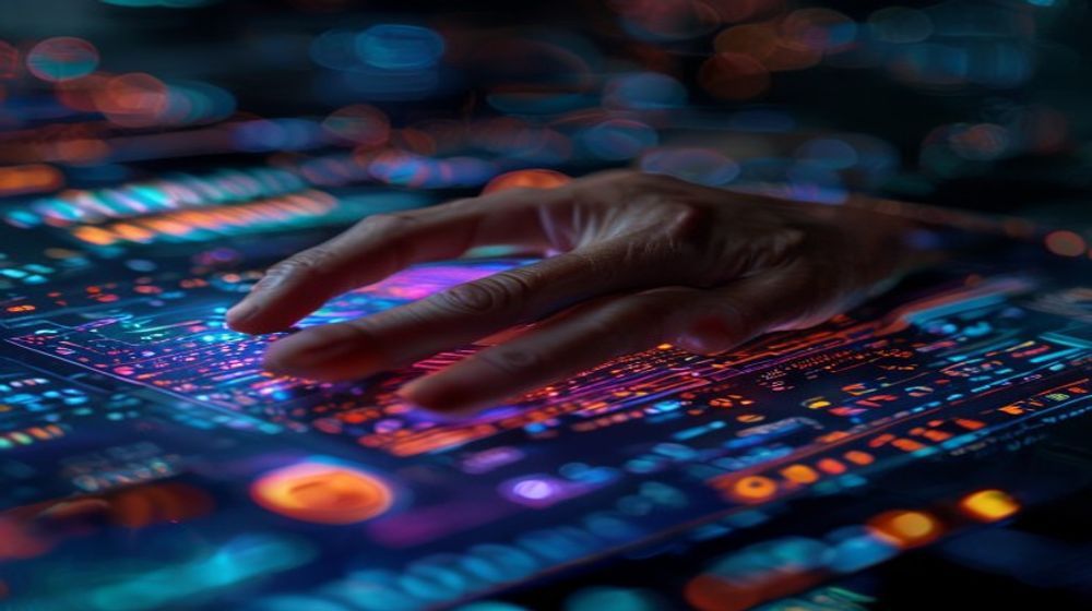A close-up of a holographic interface displaying complex financial data and diagnostic tools, with a human hand expertly navigating, blend of old money elegance and cyber-futuristic tech, deep contrasts, cinematic light, micro-macro detail on data points, no text, no words, no logos.