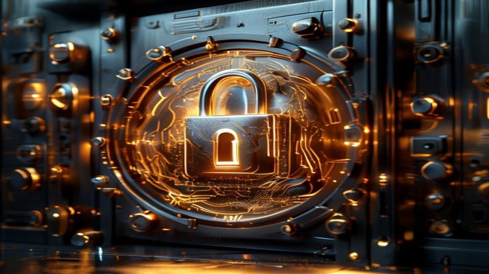 A luminous digital lock icon integrated into a vault door from a classic bank, rendered with cyber-futuristic glowing lines. Detailed micro circuits interwoven with etched gold leaf patterns. Cinematic high-contrast chiaroscuro lighting, reflecting luxury.
