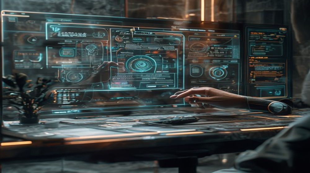 A sleek, minimalist digital workspace with a holographic display showcasing an automated workflow diagram, elegant hands interacting with a responsive interface, cyber-futuristic data streams, old money aesthetic through polished stone and muted metallic tones, cinematic lighting, micro-macro details, no text, no words, no logos.